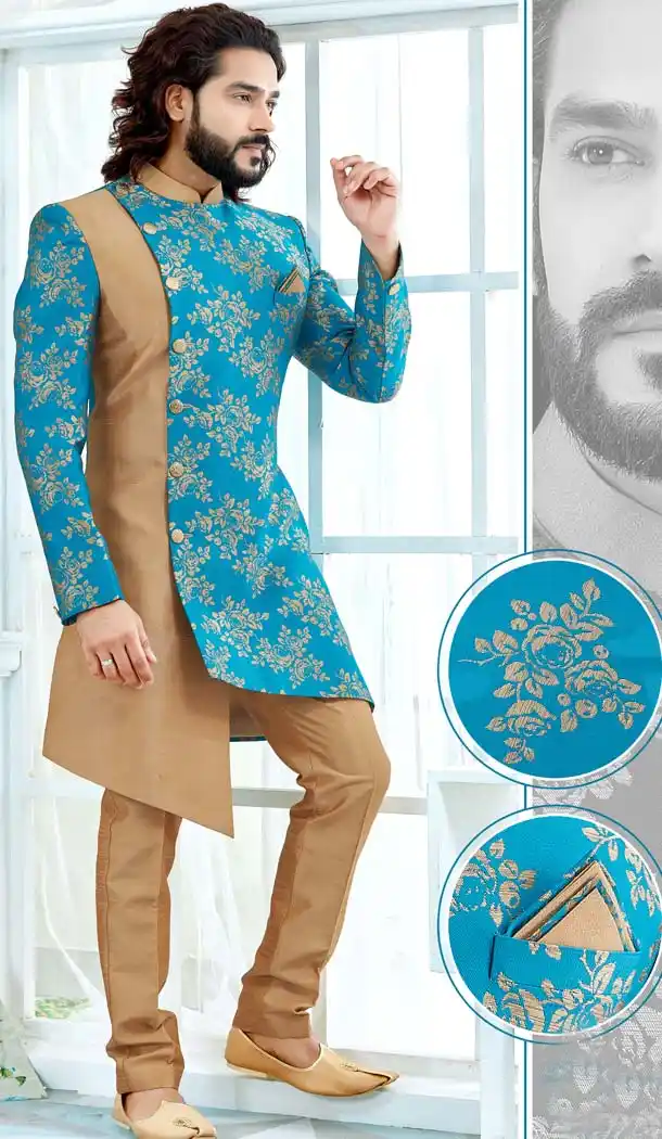 Scintillating Firozi Color Jacquard Men Wedding Plus Size Sherwani -603475263