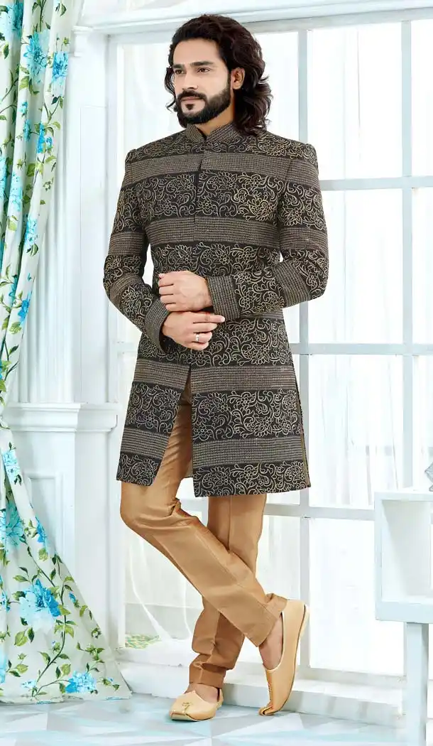 Black Color Banglore Silk Men Wedding Plus Size Sherwani -603475264