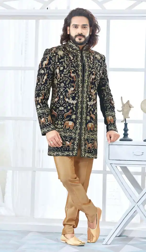 Dark Navy Blue Color Velvet Men Wedding Plus Size Sherwani -603475266
