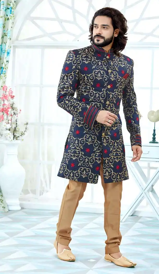 Chic Navy Blue Color Banglore Silk Men Wedding Plus Size Sherwani -603475267