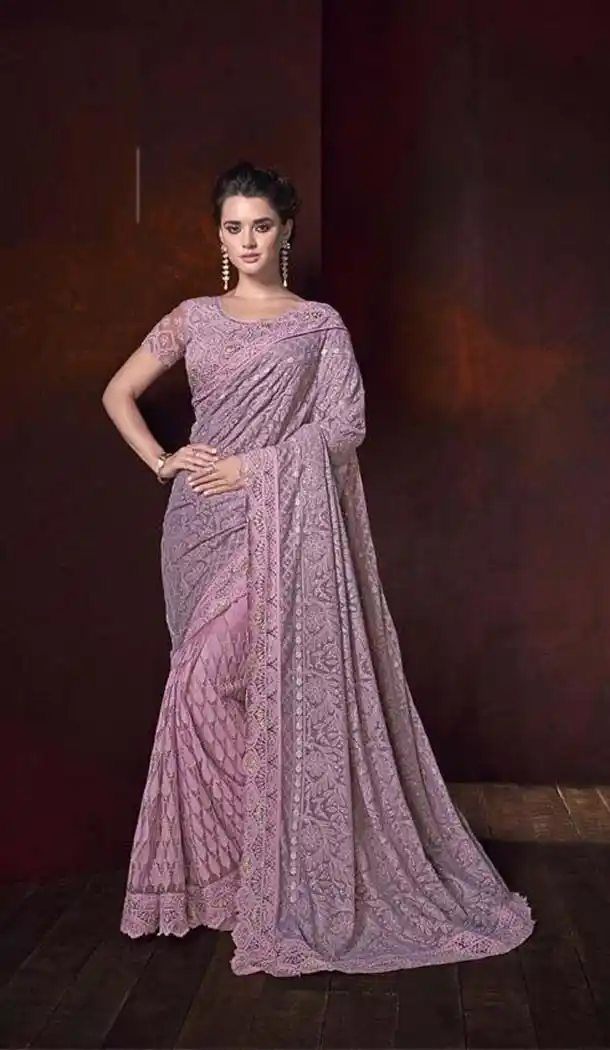Light Pink Color Digital Net Designer Wedding Saree -454164710