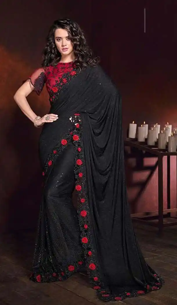 Black Color Korean Fabric Designer Wedding Saree -454164713