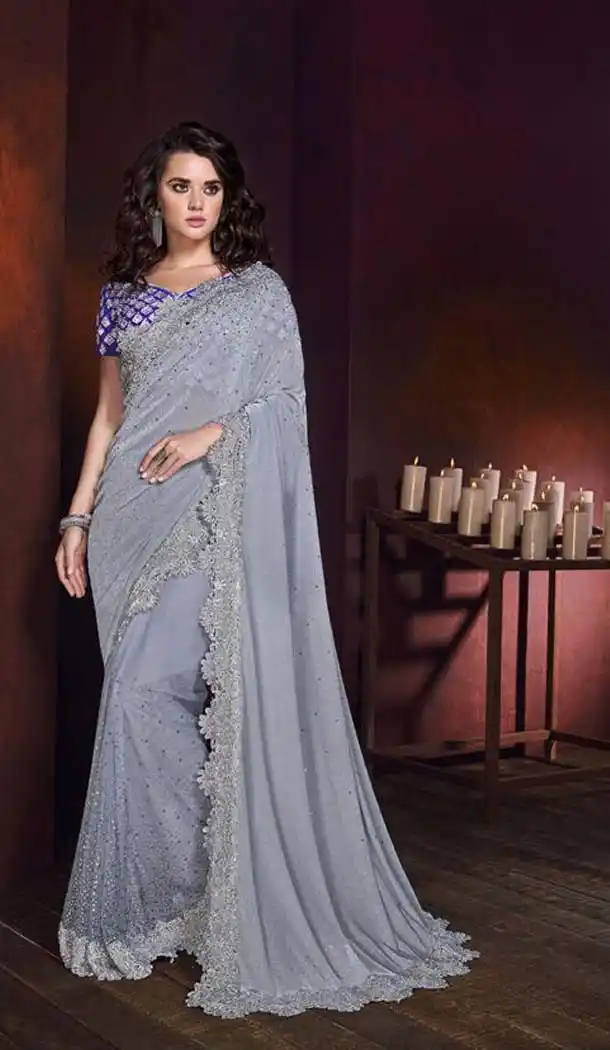 Light Grey Color Korean Fabric Designer Wedding Saree -454164716