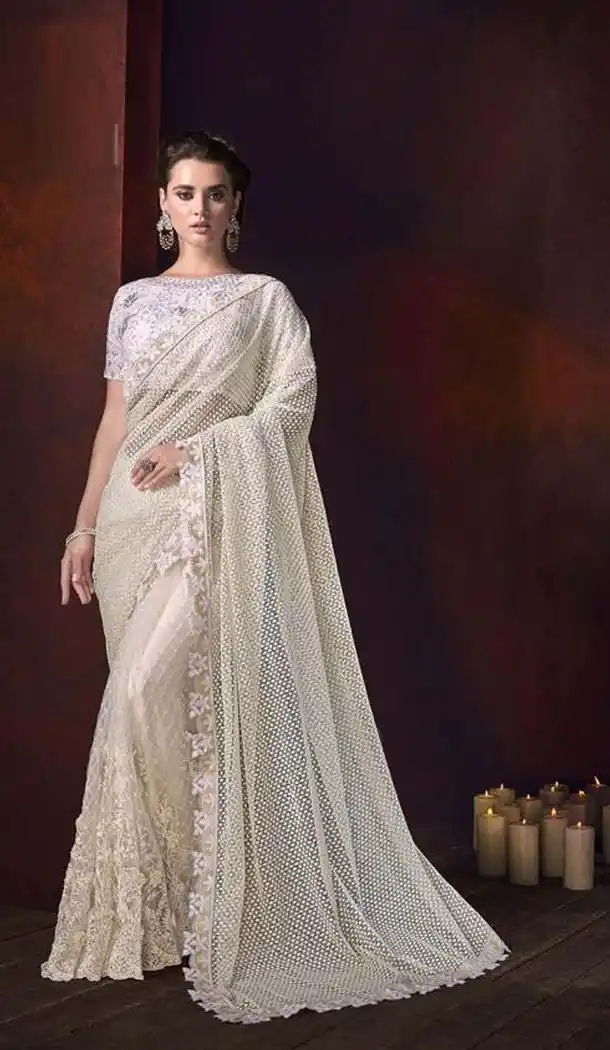 Off White Color Digital Net Designer Wedding Saree -454164720
