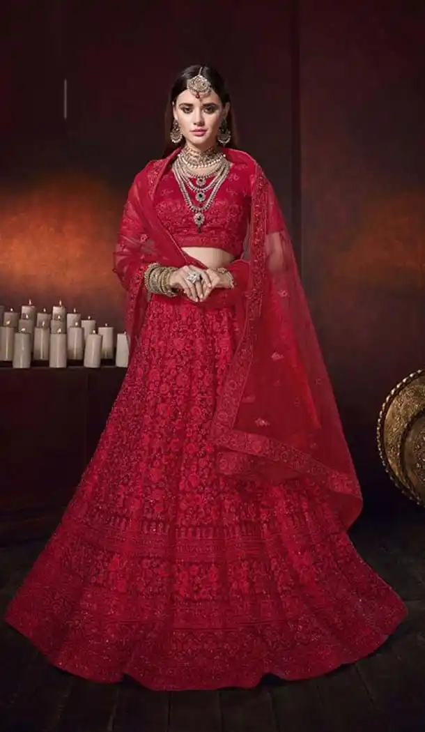 Red Color Net Designer Bridal Wedding Lehenga Choli -454164721