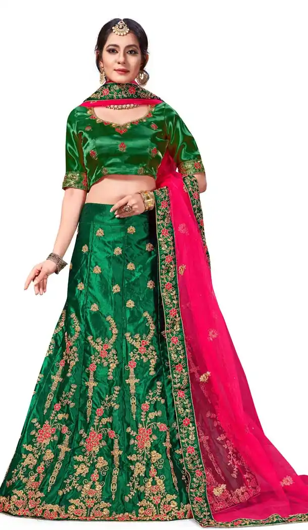 Green Color Satin Silk Designer Tradtional Wear Lehenga Choli -622177545
