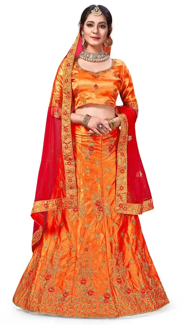 Orange Color Satin Silk Designer Tradtional Wear Lehenga Choli -622177546