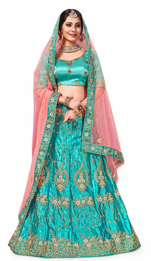 Sky Blue Color Satin Silk Designer Tradtional Wear Lehenga Choli -622177547