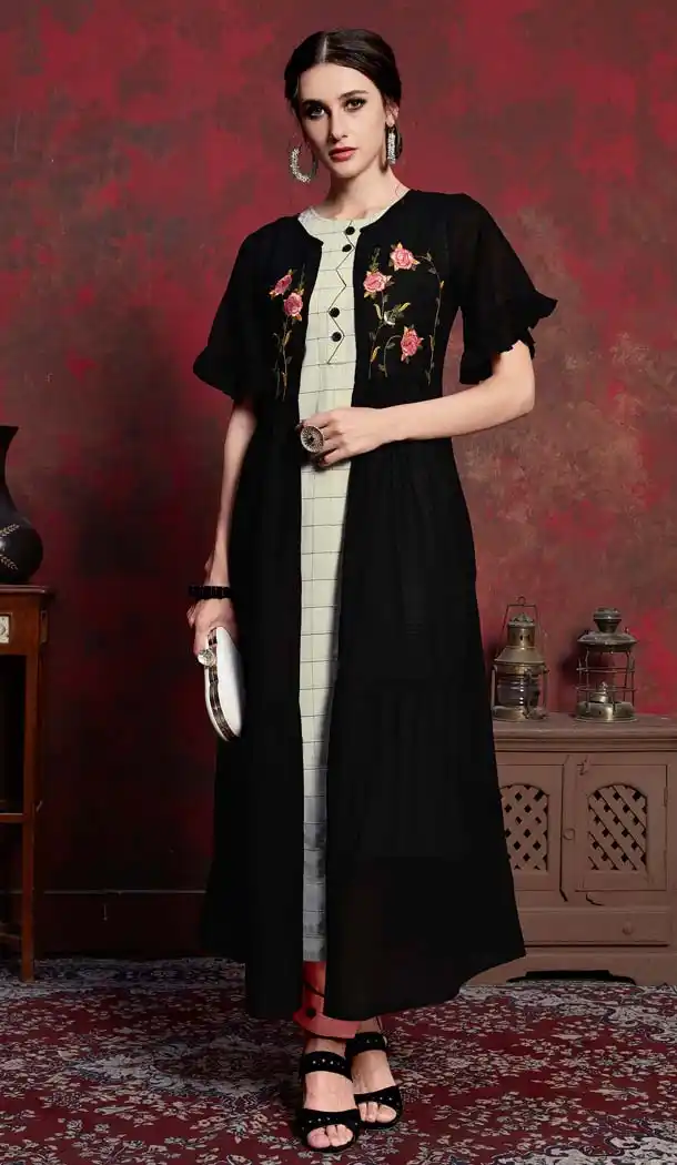 Black Color Cotton Designer Readymade Kurti Long Koti -630278477
