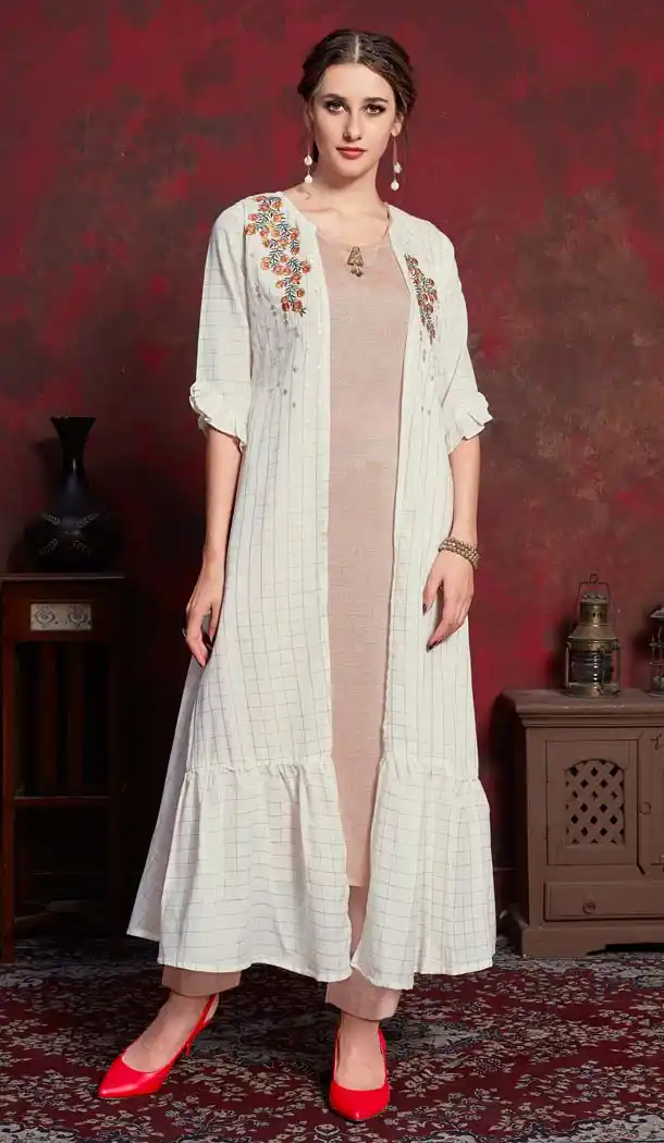 White Color Cotton Designer Readymade Kurti Long Koti -630278479