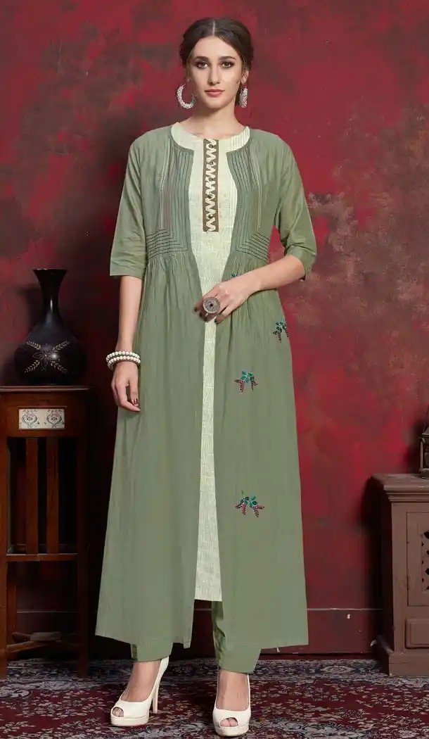Green Color Cotton Designer Readymade Kurti Long Koti -630278480
