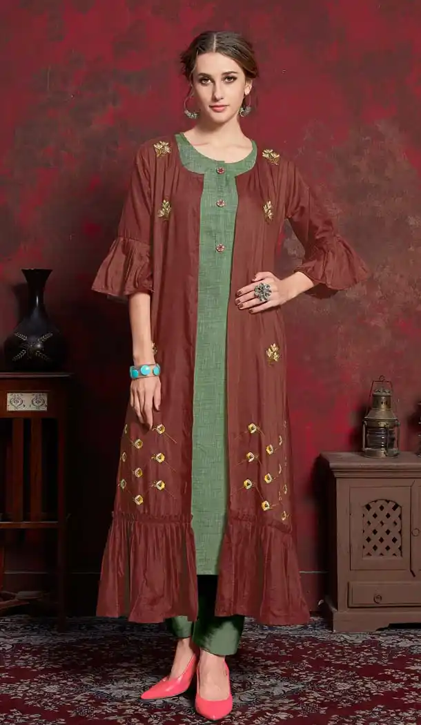 Luscious Rust Color Cotton Designer Readymade Kurti Long Koti -630278481