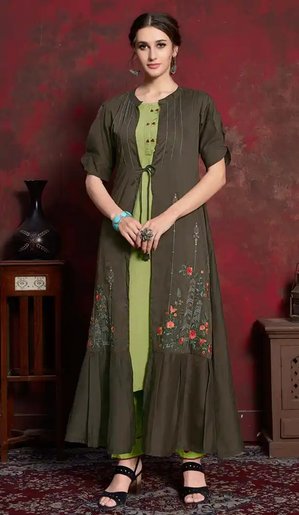 Dark Grey Color Cotton Designer Readymade Kurti Long Koti -630278483
