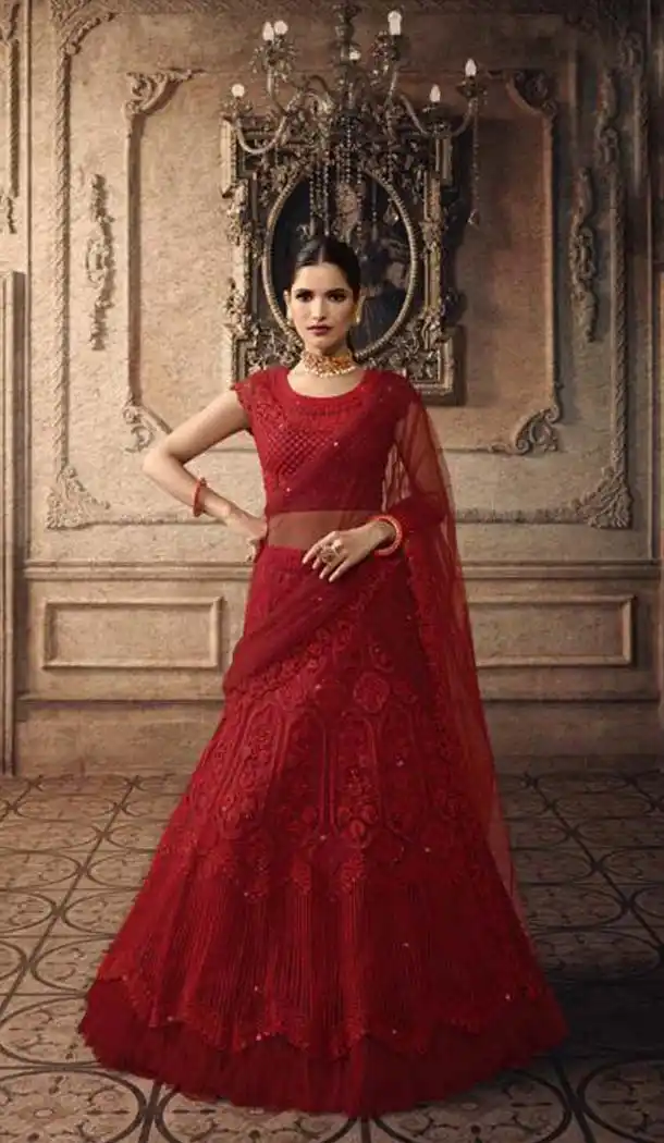 Red Color Net Designer Mehendi Sangeet Wear Lehenga Choli -633178913