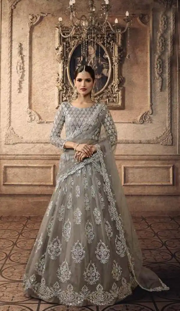 Grey Color Net Designer Mehendi Sangeet Wear Lehenga Choli -633178914