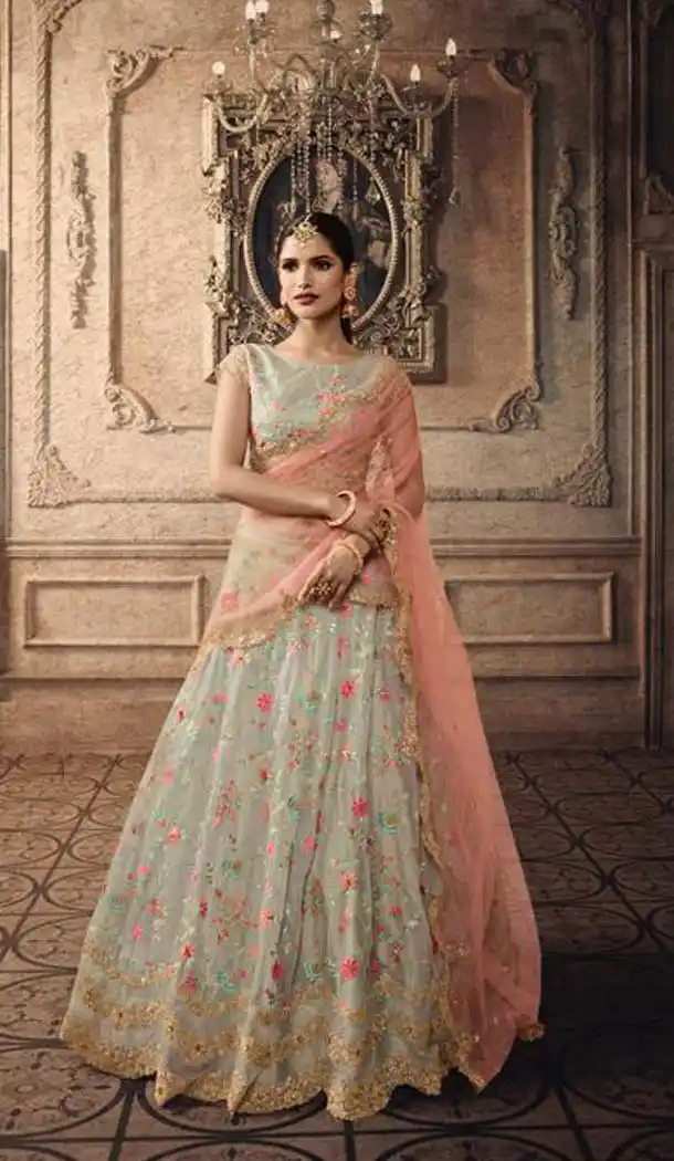 Grey Color Tissue Designer Mehendi Sangeet Wear Lehenga Choli -633178916