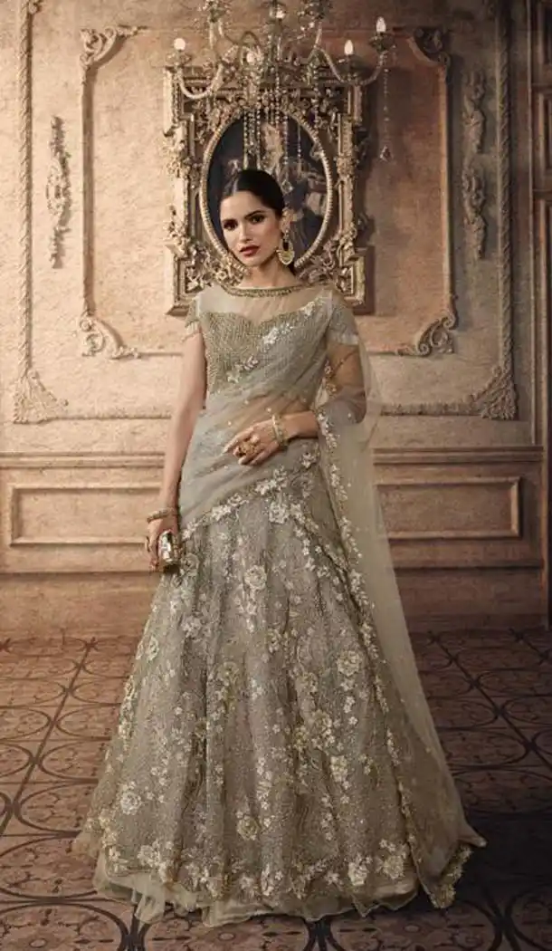 Grey Color Net Designer Mehendi Sangeet Wear Lehenga Choli -633178917