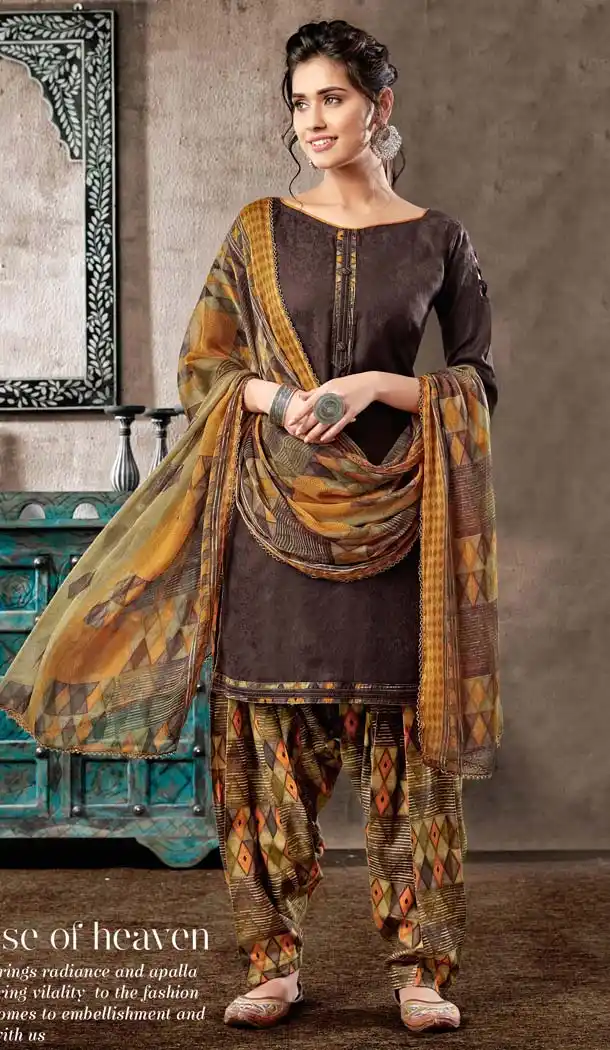 Brown Color Cotton Printed Punjabi Style Plus Size Salwar Suit -633878964