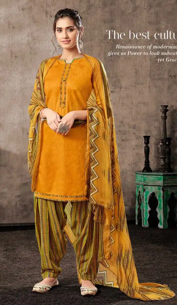 Yellow Color Cotton Printed Punjabi Style Plus Size Salwar Suit -633878967