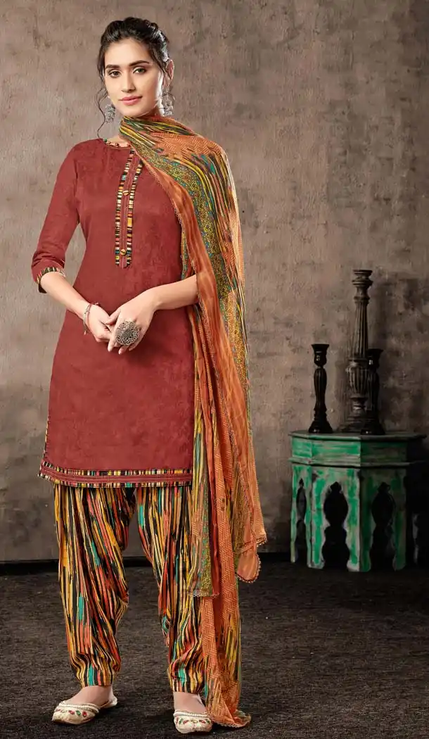 Light Maroon Color Cotton Printed Punjabi Style Plus Size Salwar Suit -633878970