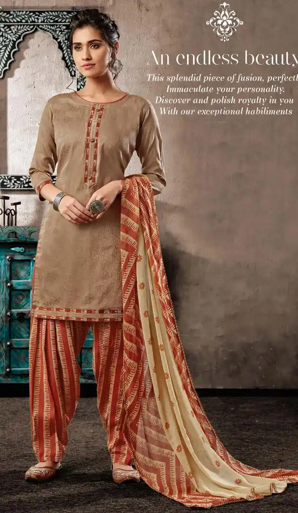 Beige Color Cotton Printed Punjabi Style Plus Size Salwar Suit -633878972