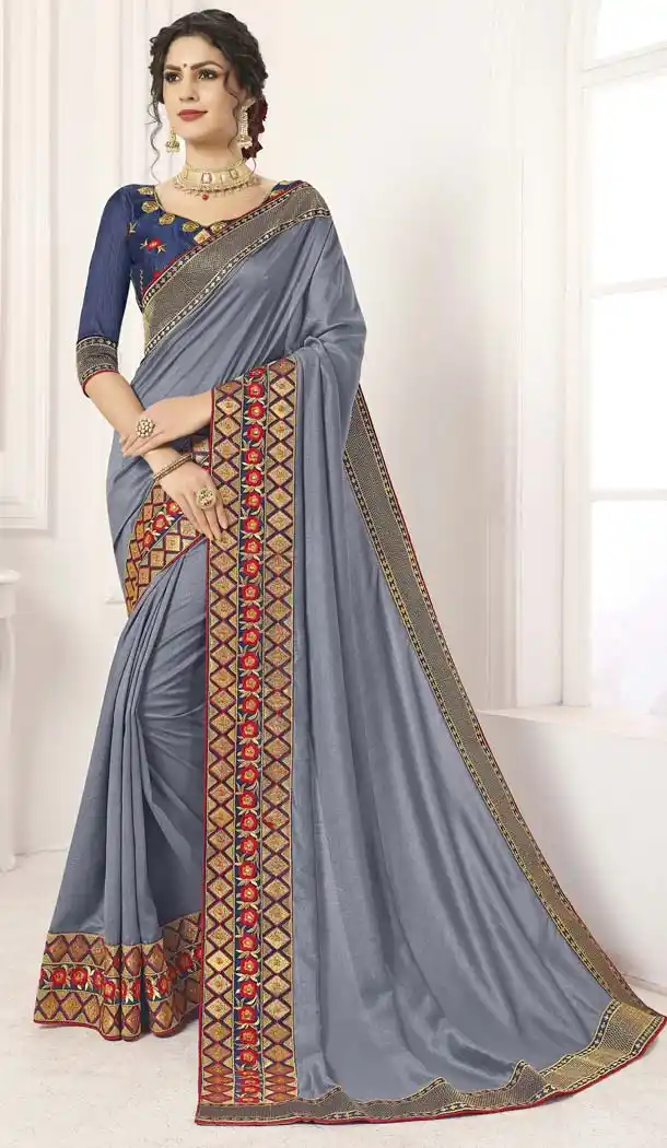 Scintillating Grey Color Vichitra Silk Traditional Wear Designer Saree -633978976