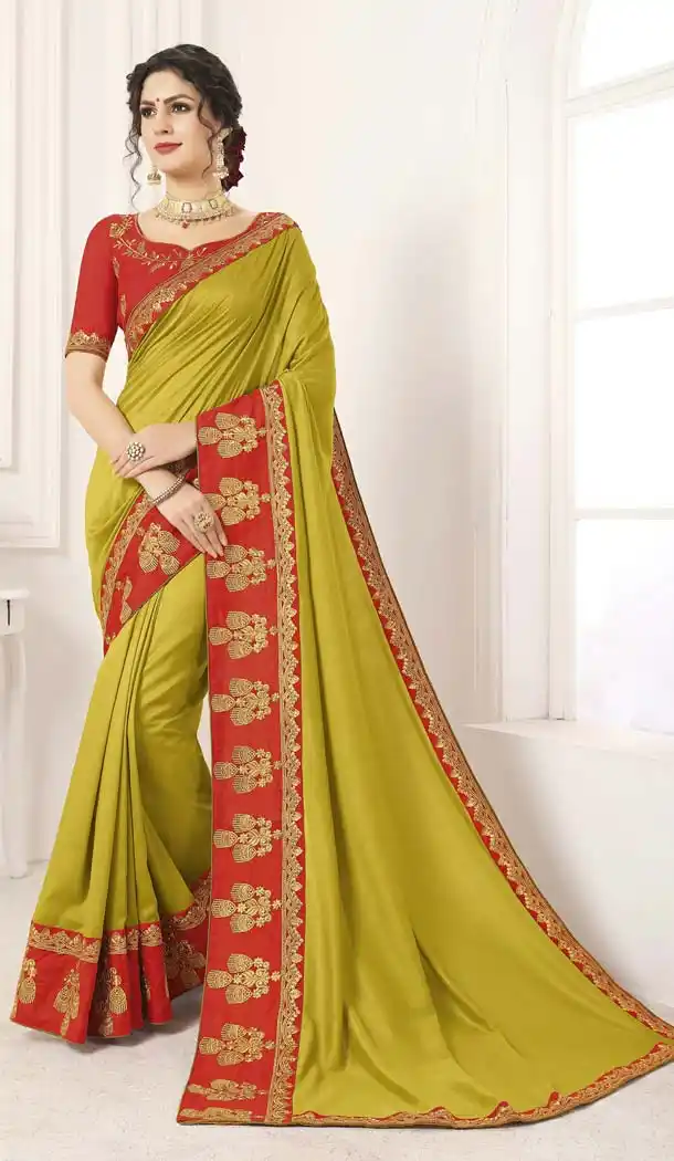 Olive Color Vichitra Silk Traditional Wear Designer Saree -633978980