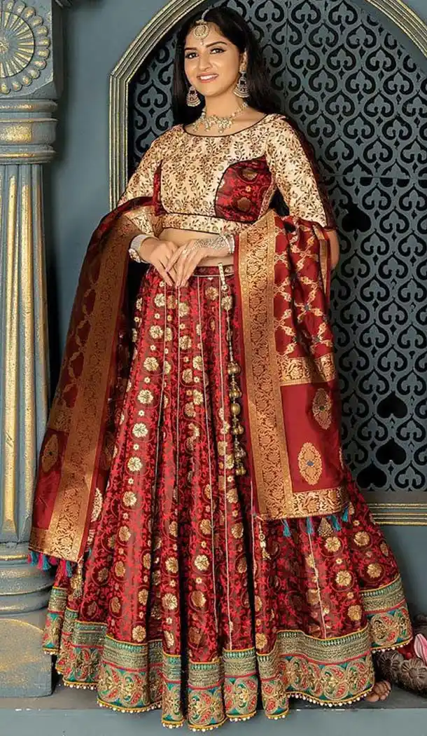Cream Maroon Color Banarasi Silk Designer Fancy Lehenga Choli -456264903