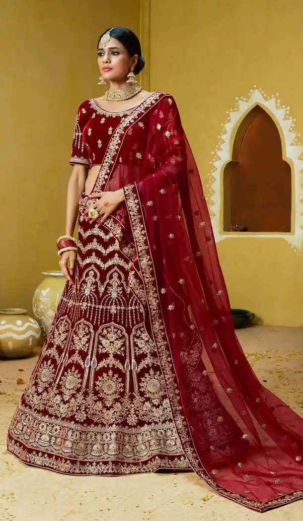 Maroon Color Velvet Designer Bridal Wear Lehenga Choli -632778850