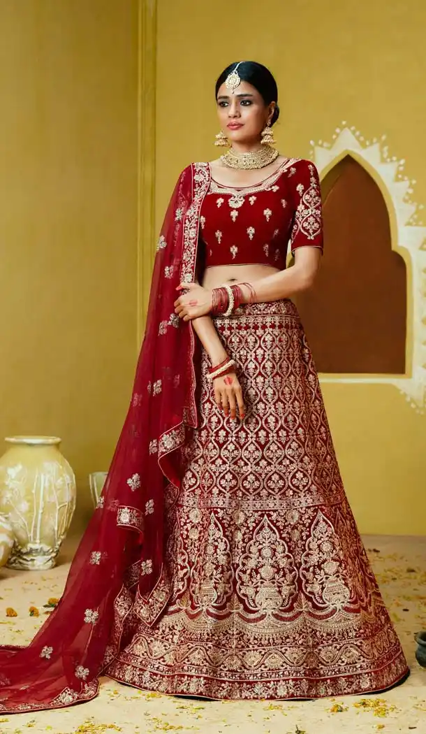 Melodic Maroon Color Velvet Designer Bridal Wear Lehenga Choli -632778851