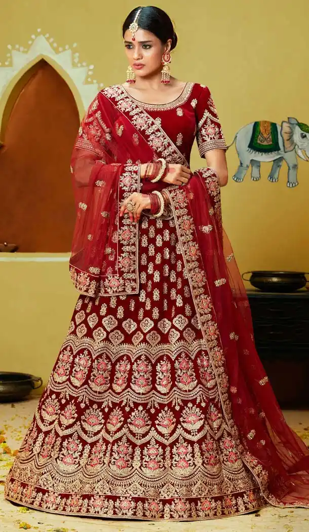 Luscious Maroon Color Velvet Designer Bridal Wear Lehenga Choli -632778852