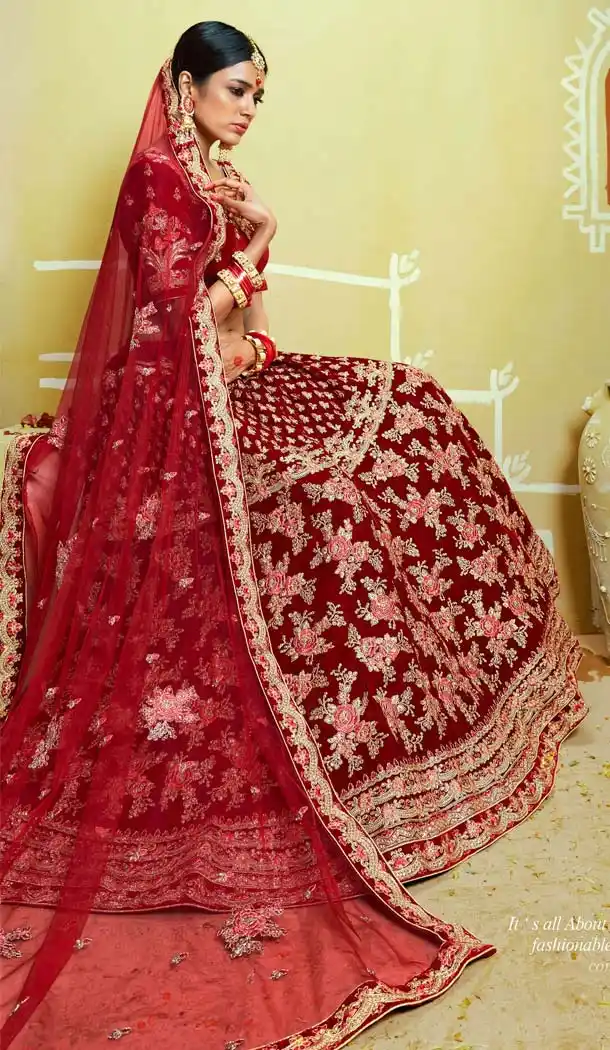 Majesty Maroon Color Velvet Designer Bridal Wear Lehenga Choli -632778853