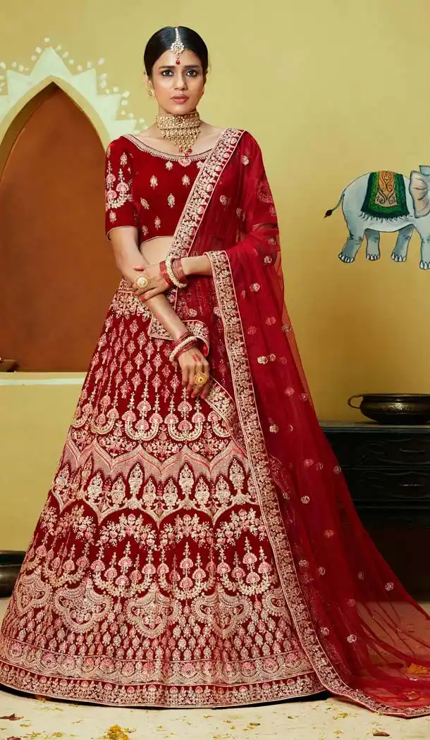 Tranquil Maroon Color Velvet Designer Bridal Wear Lehenga Choli -632778854