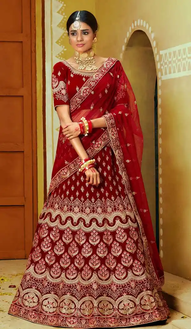 Diva Maroon Color Velvet Designer Bridal Wear Lehenga Choli -632778857
