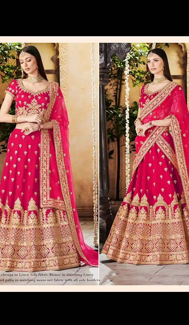 Rani Pink Color Linen Silk Designer Bridal Wear Lehenga Choli -633478933
