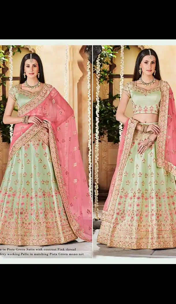 Pista Green Color Satin Silk Designer Bridal Wear Lehenga Choli -633478934