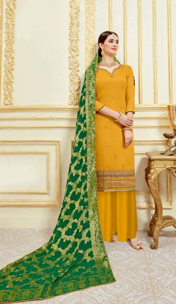 Musterd Color Pure Zam Satin Casual Party Wear Palazzo Suit -637779782