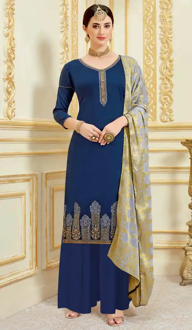 Navy Blue Color Pure Zam Satin Casual Party Wear Palazzo Suit -637779784