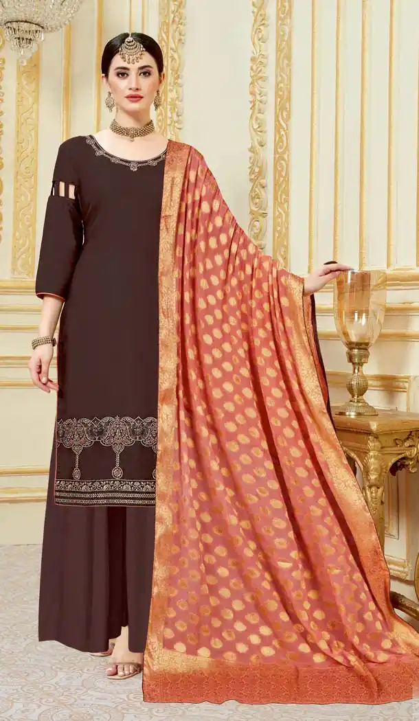 Coffee Color Pure Zam Satin Casual Party Wear Palazzo Suit -637779785