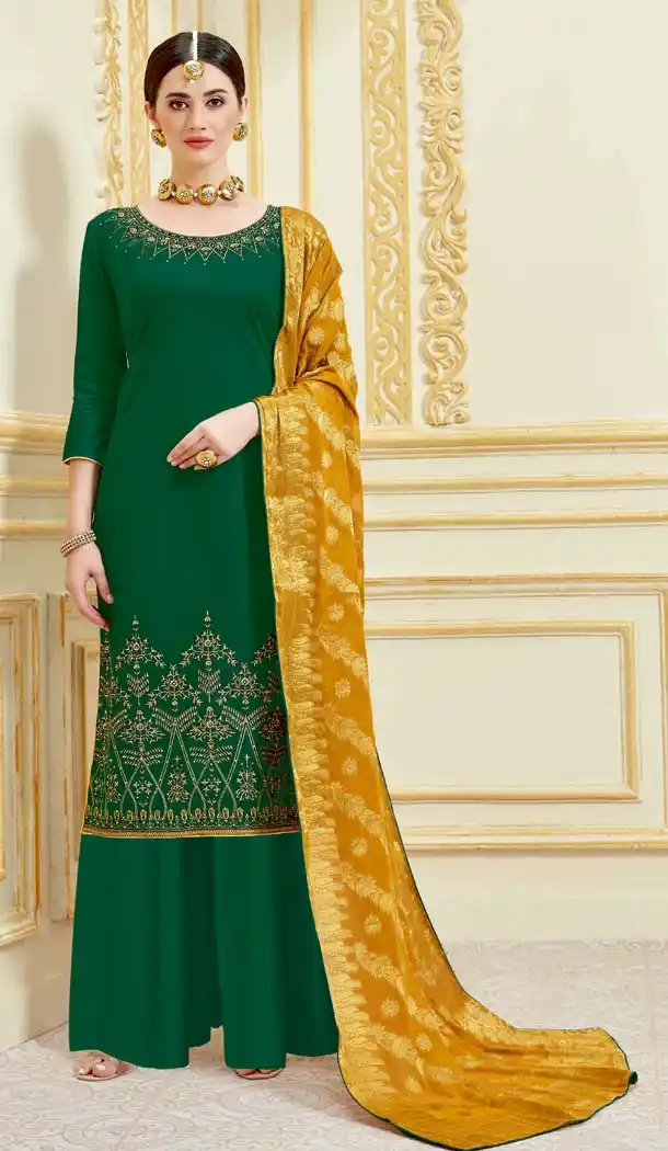 Forest Green Color Pure Zam Satin Casual Party Wear Palazzo Suit -637779786