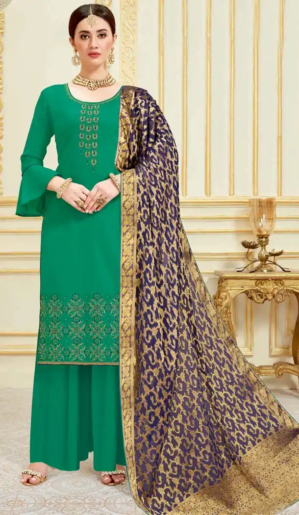Green Color Pure Zam Satin Casual Party Wear Palazzo Suit -637779787