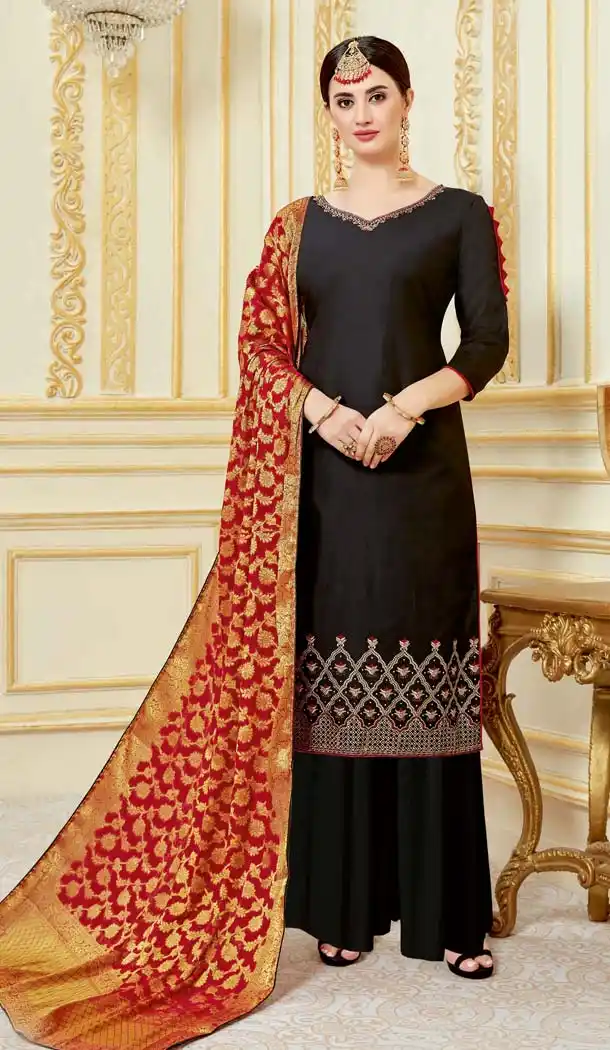 Black Color Pure Zam Satin Casual Party Wear Palazzo Suit -637779788