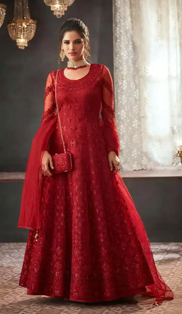 Red Color Net Designer Long Anarkali Salwar Kameez -453664671