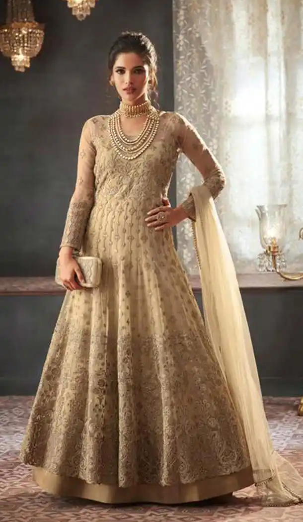 Cream Color Net Designer Long Anarkali Salwar Kameez -453664672