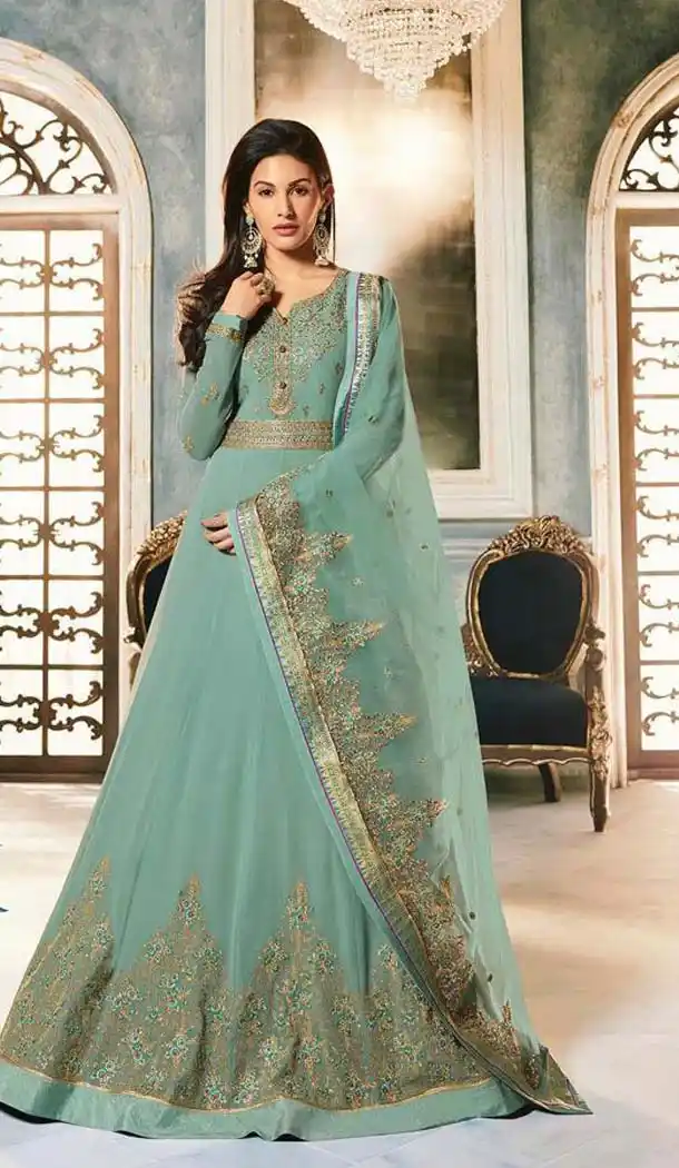 Abaya Style Aqua Green Color Georgette Designer Long Salwar Kameez -453764675