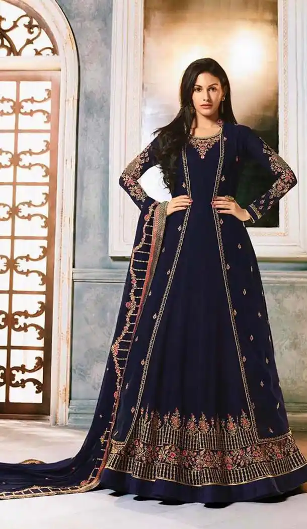Abaya Style Navy Blue Color Georgette Designer Long Salwar Kameez -453764676
