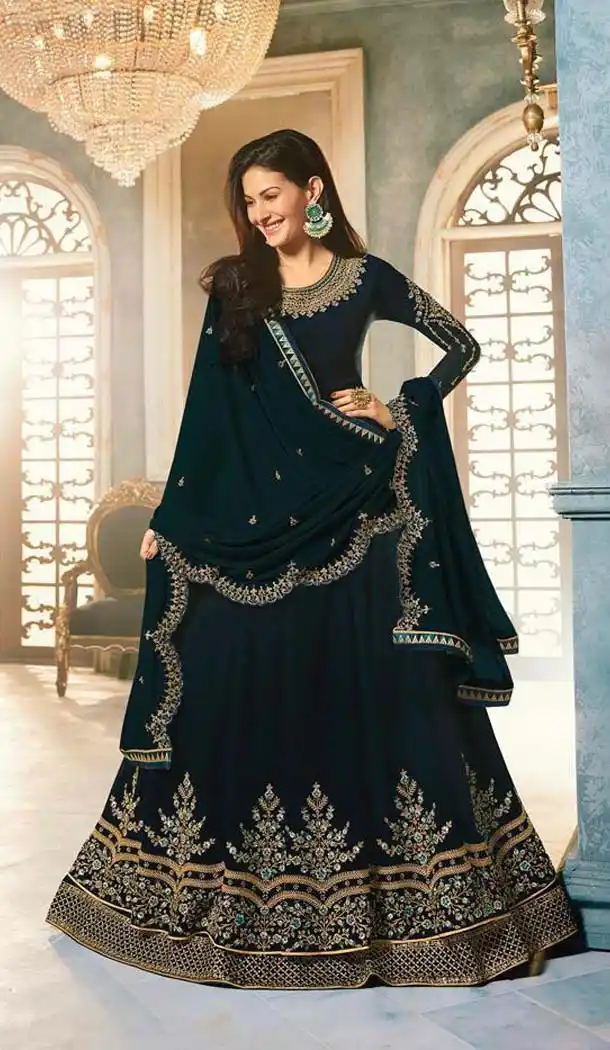 Abaya Style Dark Firozi Satin Georgette Designer Long Salwar Kameez -453764681