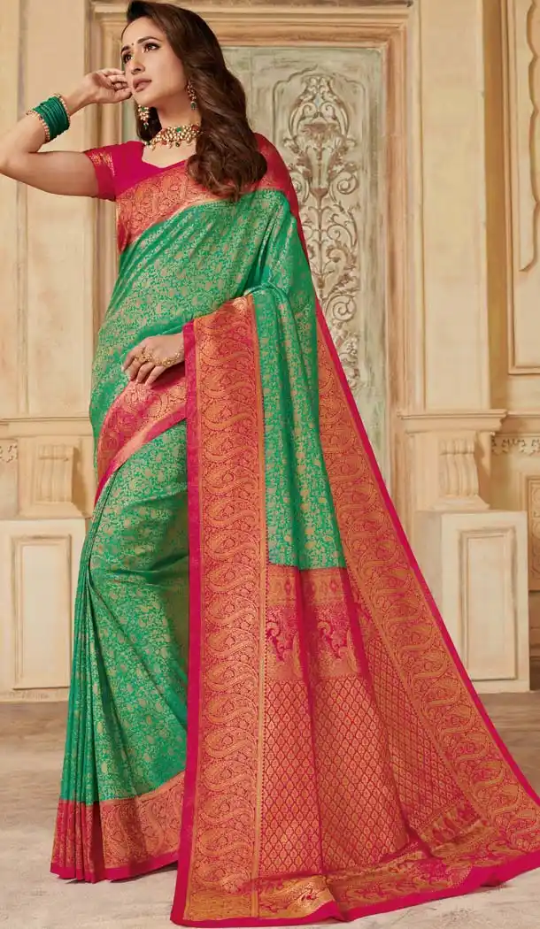Green Gold Color Silk Traditional Designer Saree Blouse -636179376