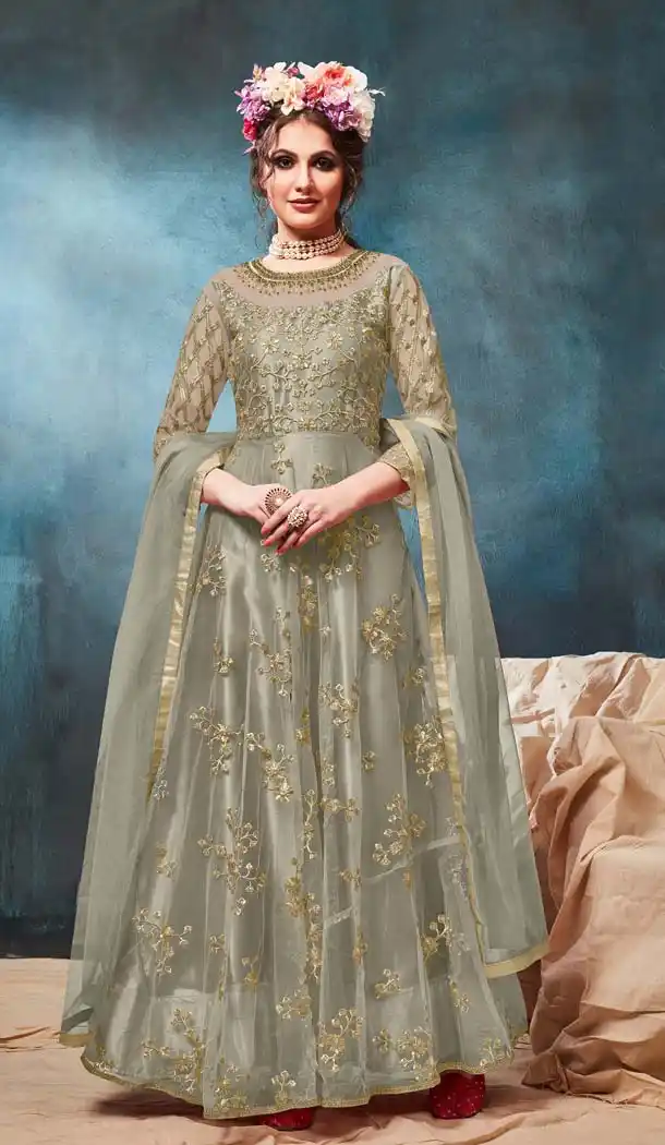 Grey Color Net Designer Pakistani Style Long Salwar Kameez -637079727