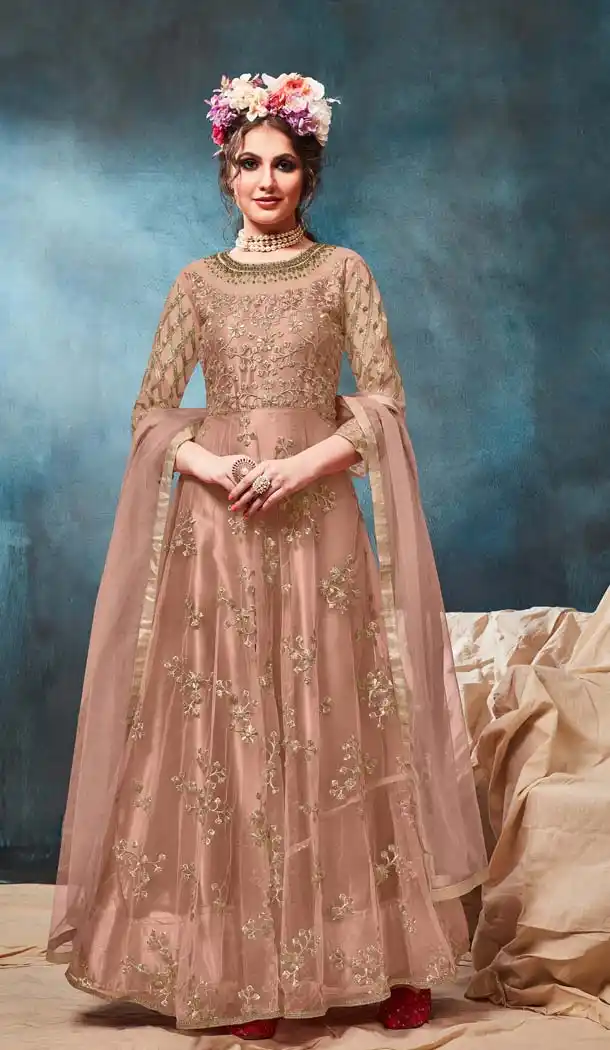 Light Brown Color Net Designer Pakistani Style Long Salwar Kameez -637079728
